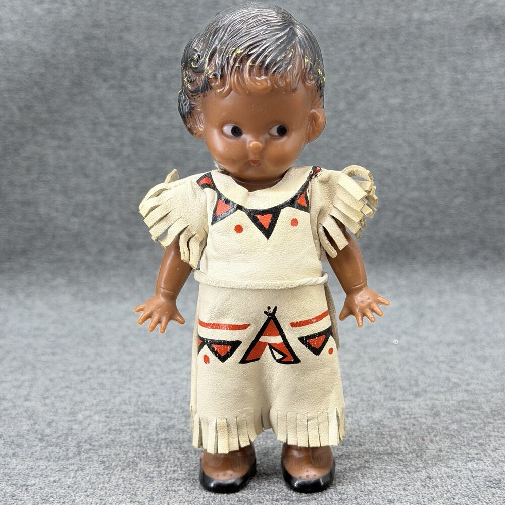 Vintage Kitschy Native American Indian Doll Hard Plastic Baby Rattle Toy 6" READ